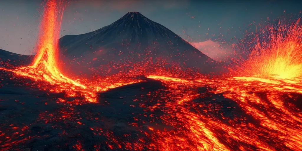 Image similar to stunning landscape, volcano eruption, 8 k uhd, unreal engine, octane render in the artstyle of kuindzhi