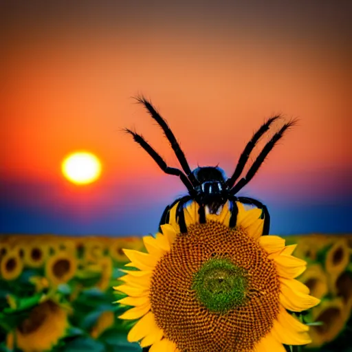 Image similar to spider sitting on a sunflower, cow in the background, depth of field, ultra realistic, cinema, sunset, photo