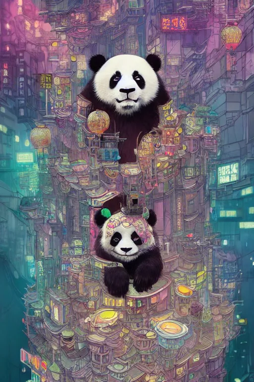 Prompt: a beautiful hyperdetailed character design of a cute panda with a chinese lion dance head victo ngai cyberpunk style of absolutely beautiful cyberpunk town, from china, style of studio ghibli, makoto shinkai, raphael lacoste, louis comfort tiffany, artgerm, james jean, ross tran, chinese style