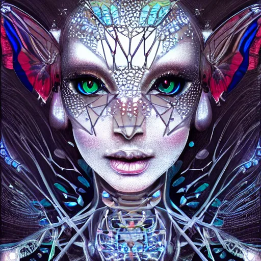 Image similar to realistic illustration of a beautiful mechanical faerie queen with glowing eyes, moth wings with geometric patterns, reflective detailed textures, highly detailed dark fantasy science fiction painting, silver and cool colors, artstation