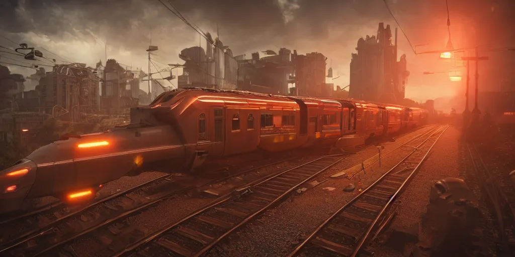 Image similar to futuristic steampunk train in railstation, stunning volumetric lighting, sundown, trending on Artstation, 8k, photorealistic, hyper detailed, unreal engine 5, cinematic, epic lighting, cryengine, octane render, cyberpunk, red and orange glow