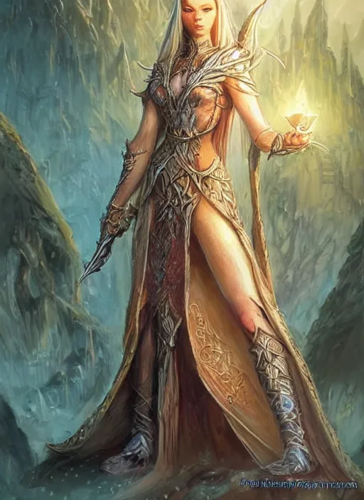 Prompt: elegant elven queen beautiful, ultra detailed fantasy, dndbeyond, bright, colourful, realistic, dnd character portrait, full body, pathfinder, pinterest, art by ralph horsley, dnd, rpg, lotr game design fanart by concept art, behance hd, artstation, deviantart, hdr render in unreal engine 5