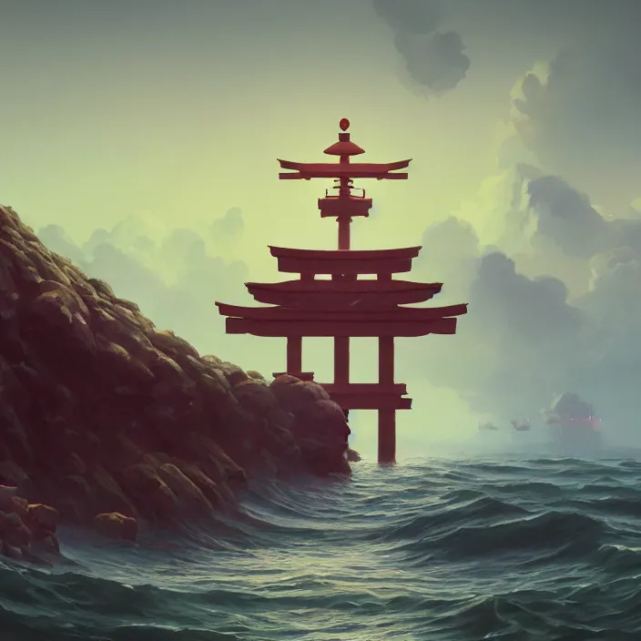 Image similar to a beautiful painting of a torii at sea by simon stalenhag and zdzisław beksinsk and greg rutkowski, in style of digital art. hyper detailed, sharp focus, soft light. octane render. ray tracing. trending on artstation