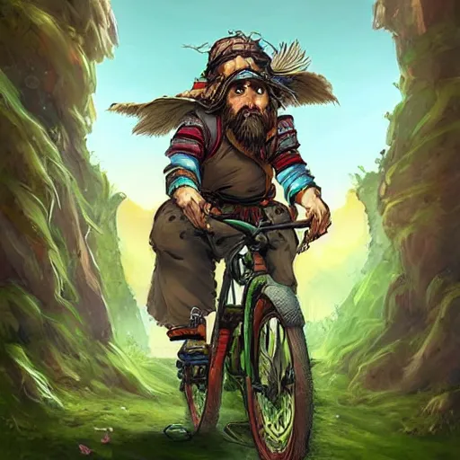 Image similar to a bearded and long haired bicycle food delivery worker with a green bag on his back in Europe, hearthstone art style, epic fantasy style art by kim jung gi, fantasy epic digital art