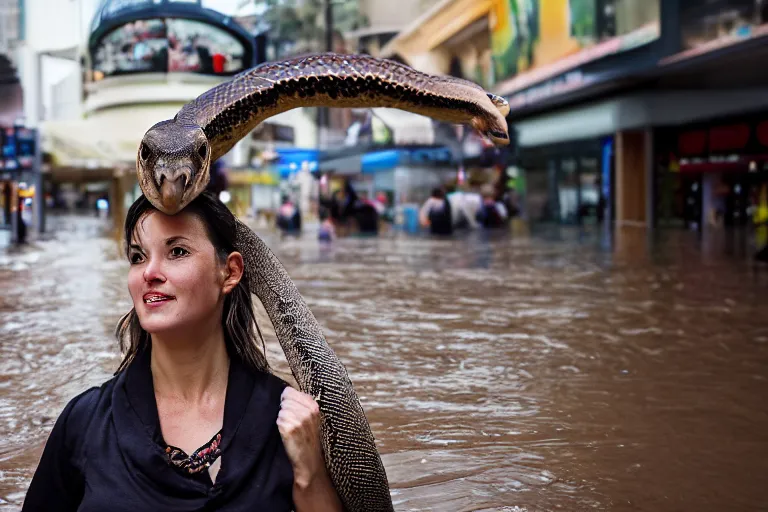 Image similar to closeup portrait of a woman carrying a python over her head in a flood in Rundle Mall in Adelaide in South Australia, photograph, natural light, sharp, detailed face, magazine, press, photo, Steve McCurry, David Lazar, Canon, Nikon, focus