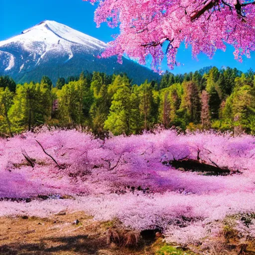 Image similar to forest and lakes with purple Sakura flowers with snow mountains at the background