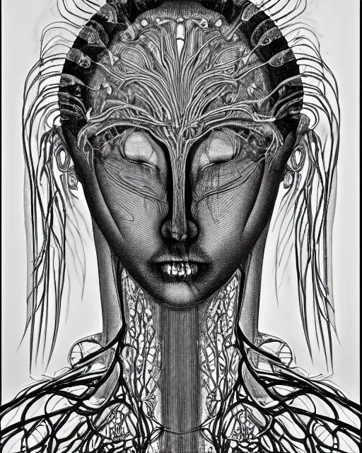 Prompt: mythical dreamy black and white organic bio - mechanical spinal ribbed profile face portrait detail of beautiful intricate monochrome angelic - human - queen - vegetal - cyborg with a visible detailed brain and neurons, highly detailed, intricate translucent jellyfish ornate, poetic, translucent microchip ornate, photo - realisitc artistic lithography in the style of hg giger