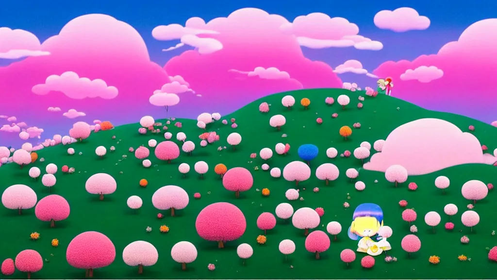 Prompt: a beautiful hilly landscape. little creatures sitting on the grass. evening sky. pink puffy cotton candy clouds. evening light. chiho Aoshima.