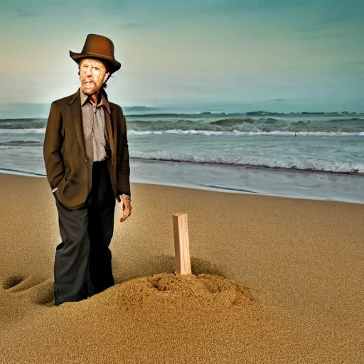 Image similar to tom waits buried in the sand up to his head with the tide approaching quickly, gorgeous image, professional photograph, great lighting, 4 k