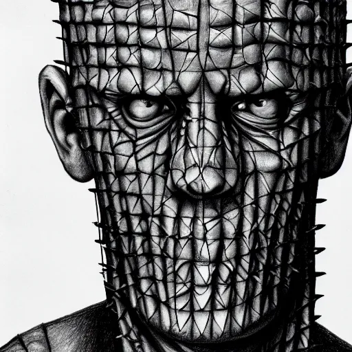 Image similar to drawing of john cena as pinhead from hellraiser, pencil drawing, ultra realistic, intricate details, black and white, hd, 8 k, artstation