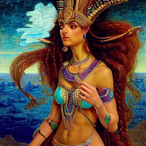 Prompt: artstation, intricate details, hyper details, by gaston bussiere and sandro botticelli, tan skin sumerian goddess inanna, lady of elche, egyptian sumerian features, techno mystic dominatrix goddess intergalactica, inanna with aqua neon rapunzel dreadlocks,