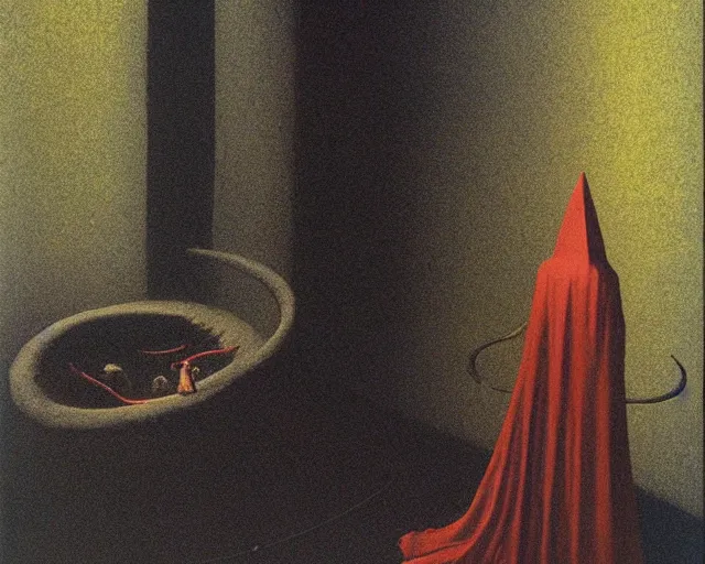 Image similar to lamprey by francis bacon, beksinski, mystical redscale photography evocative. devotion to the scarlet woman in her cathedral, priestess in a conical hat, coronation, ritual, sacrament