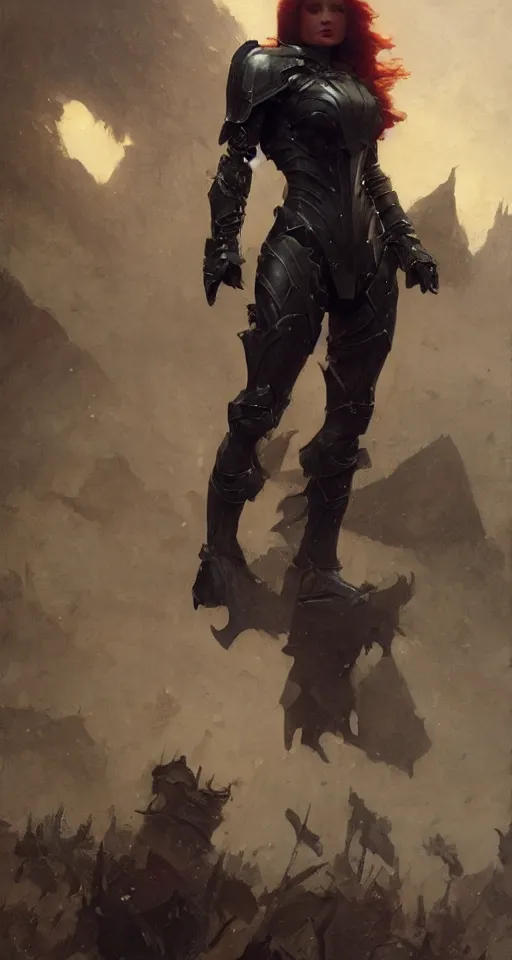 Image similar to short muscular redhead young woman wearing black lowpoly armour, bare legs, detailed, by gaston bussiere, bayard wu, greg rutkowski, giger, maxim verehin, greg rutkowski, masterpiece, sharp focus, cinematic lightning