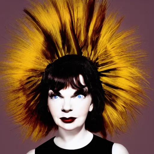 Prompt: photographic portrait of a hybrid of judy garland and bjork aged 2 6, with a dark fringe, 8 k