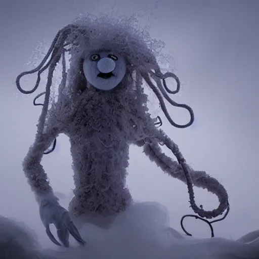 Prompt: an ethereal fantasy serious fluffy ghost like spooky live action muppet wraith like figure with a squid like parasite as its head and four long tentacles for arms that flow gracefully at its sides like a cloak while it floats around a frozen rocky tundra in the snow searching for lost souls and that hides amongst the shadows in the trees, this character has cryokinesis and umbrakinesis and is a real muppet by sesame street surrounded by lost muppet souls, photo realistic, real, realistic, felt, stopmotion, photography, sesame street