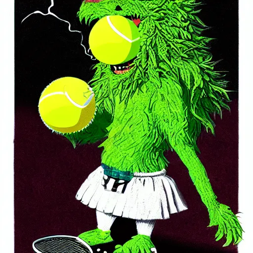 Image similar to a tennis ball monster ,tennis ball, stoned and high, smoking, edibles, scotland, wearing a kilt, digital art, fantasy, magic, trending on artstation, ultra detailed, professional illustration by Basil Gogos