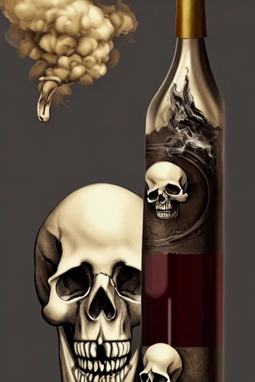 Prompt: wine bottle and a skull on the table, skull made out of smoke coming out of bottle, fantasy, intricate, elegant, highly detailed, digital painting, artstation, concept art, smooth, sharp focus, illustration, art by Ilja Repin