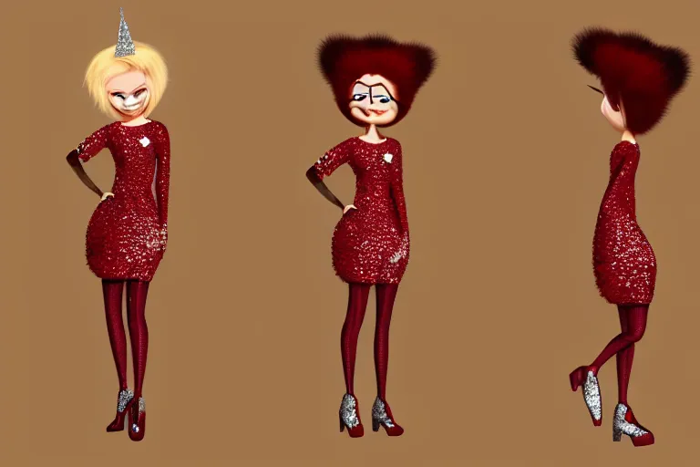 Prompt: detailed flat 2 d : female marten character : wearing diamonds : wearing red showgirl sequins dress : head legs silver shoes : lorax movie : artstation