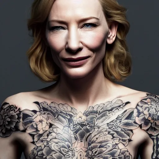 Image similar to high resolution image of cate blanchett with full body japanese tattoo , highly detailed, photorealistic, 4k