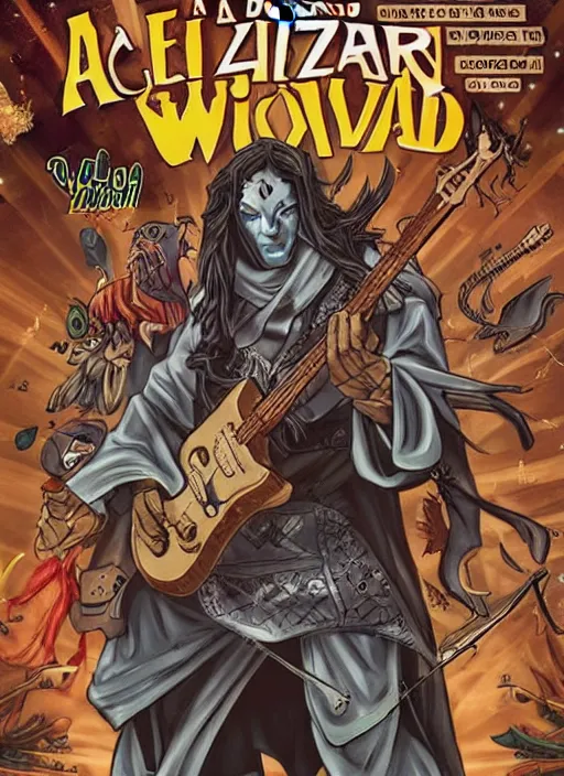 Prompt: a wizard character surrounded by many musical instruments, action, epic, comic book cover