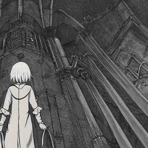 Image similar to white haired knight in a big castle, cinematic, octane, art by inio asano