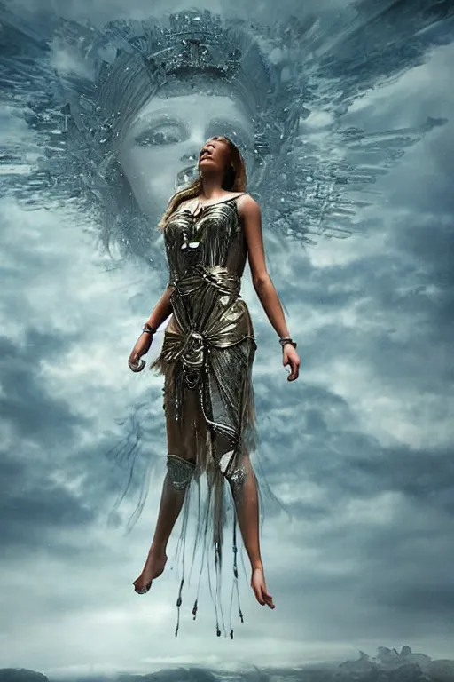 Image similar to godess of artificial intelligence floating above a continent, sharp focus, by rozalski, cinematic, cinematic shot, megalophobia