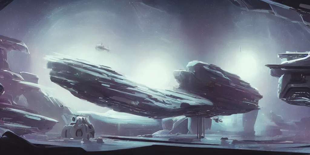Prompt: original composition ideas for a space opera science fiction scene of a little spaceship approaching a bigger one, concept art, trending on artstation
