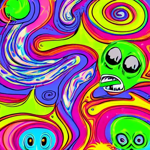 Prompt: infinite mysteries of swirling psychadelic ooze, Crungus evil menacing smiling monster, oil spill Lisa Frank psychadelic horrors, Crungus monster