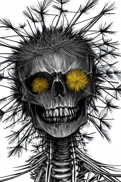 Image similar to a dandelion skeleton hybrid monster, highly detailed, digital art, sharp focus, trending on art station, plant, anime art style