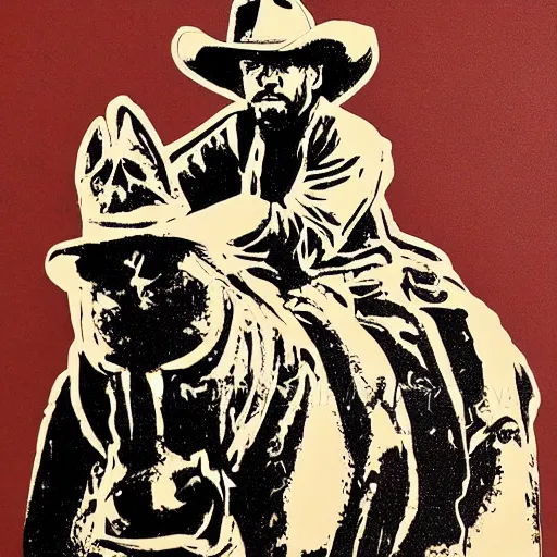 Image similar to cowboy outlaw sitting on a horse. serigraph. screen - printed in sepia