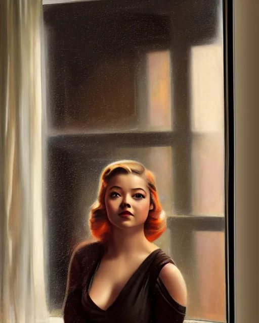 Image similar to photo of sasha pieterse in 1 9 3 0 s penthouse rainy window, oil painting, by enoch bolles, greg rutkowski, ross tran, artgerm, wlop glossy skin, intricate architectural detail, pearlescent, very coherent, cute