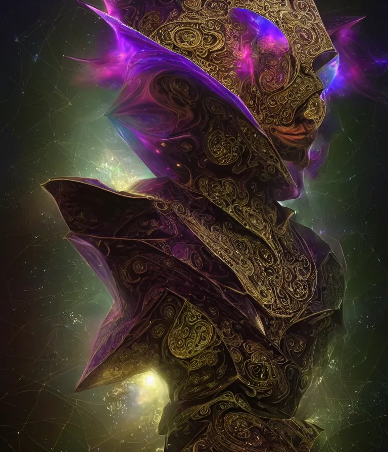 Image similar to front!!! shot of a court jester!!! character, mesmerizing fractal hypercubes, dark holography!!!, future, metallic nebula, crystalline edges, polygonal, elegant, highly detailed, centered, (((artstation, concept art, jagged, sharp focus, artgerm, Tomasz Alen Kopera, Peter Mohrbacher, donato giancola, Joseph Christian Leyendecker, WLOP, Boris Vallejo))), ((raytracing)), mugshot!!!!!, ugly!!!!!!, octane render, nvidia raytracing demo, octane render, nvidia raytracing demo, octane render, nvidia raytracing demo, 8K