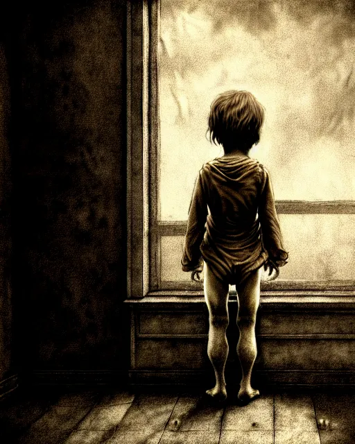 Image similar to creepy child, hopelessness, staring out, sepia, victorian, poor, ultra realistic, concept art, intricate details, cinematic, highly detailed