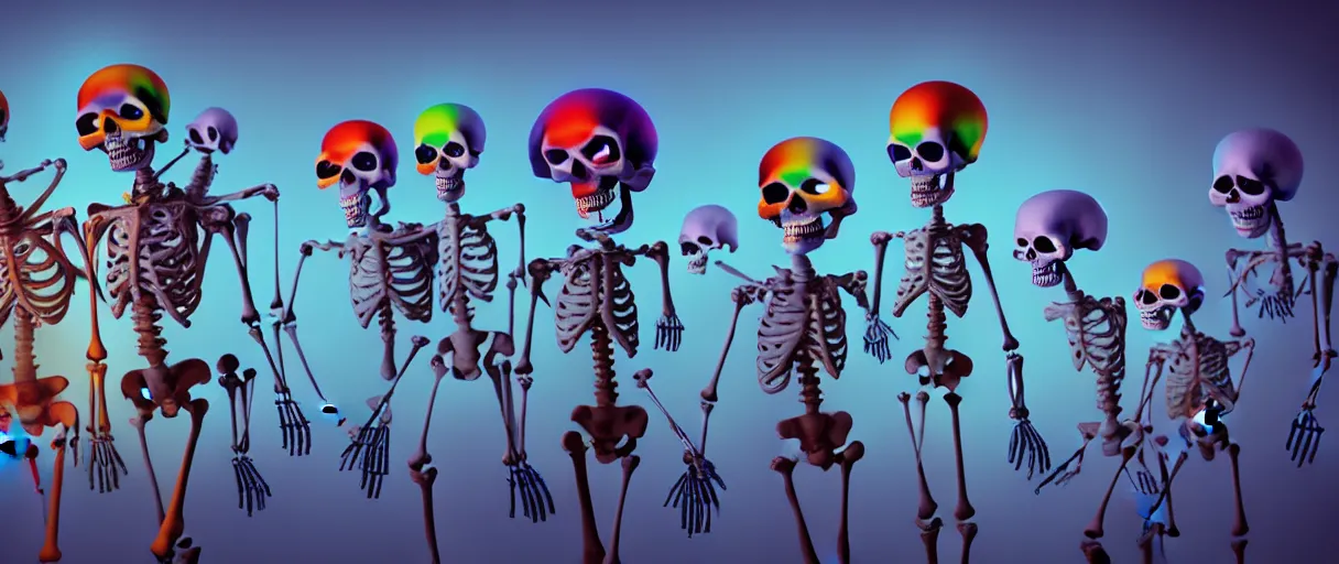 Prompt: hyperrealistic very cute multicolored skeletons breaking bones jason limon concept art dramatic blue lighting wide angle hd 8k sharp shallow depth of field