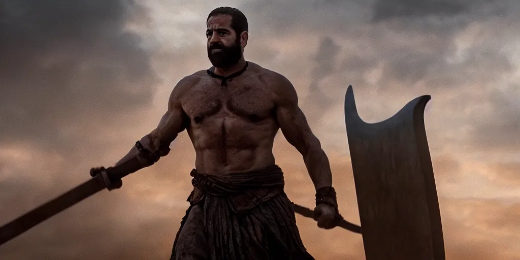 Prompt: epic cinematic film still of joe biden as leonidas in the movie 3 0 0, golden hour lighting, moody sky, 8 k