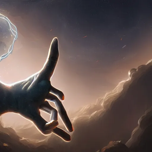 Image similar to a celestial holy hand coming from a portal down to earth, dynamic lighting, fantasy concept art, trending on art station, stunning visuals, creative, cinematic, ultra detailed, ray tracing