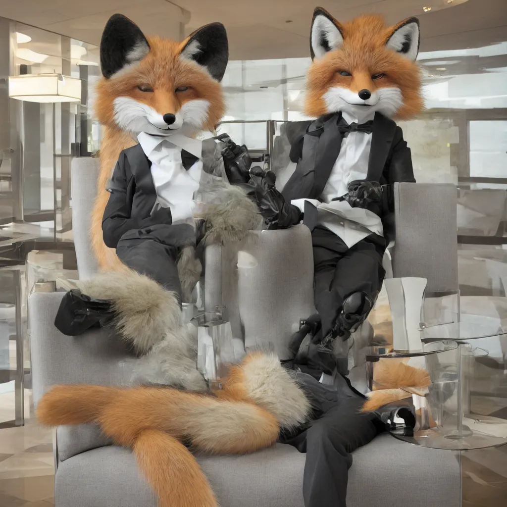 Image similar to a single anthropomorphic fox in suit sitting in the lobby of a futuristic hotel, anthro, furry