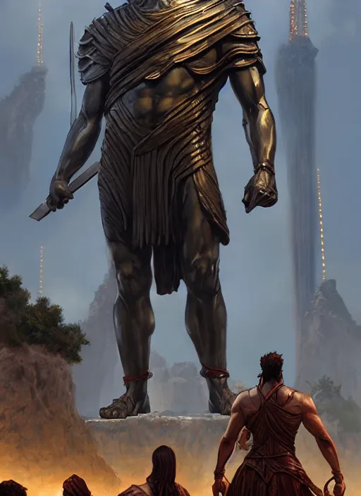 Prompt: the colossus of rhodes, epic fantasy horror digital matte painting by steve henderson and mark brooks ( and greg rutkowski ), extremely detailed, artstation