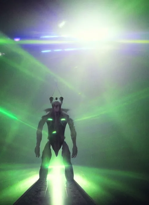 Image similar to a weird humanoid creature is suspended in a tank of dense liquid, weightlessness, tubes coming from the top of the tank connecting to the creature's body, back lit, blinding green glow creates a lens flare, cinematographic