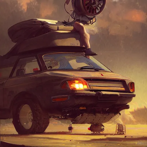 Prompt: A car with a giant fan attached to its hood, diesel punk , beautiful digital art, cinematic composition, detailed, concept art, Matt painting, oil painting, high res, norman rockwell artwork style,