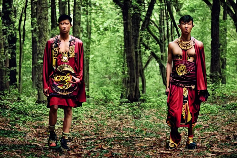 Image similar to versace avant garde male roman toga intricate textiles streetwear cyberpunk asian american in the woods overcast late evening dramatic 3 5 mm professional color