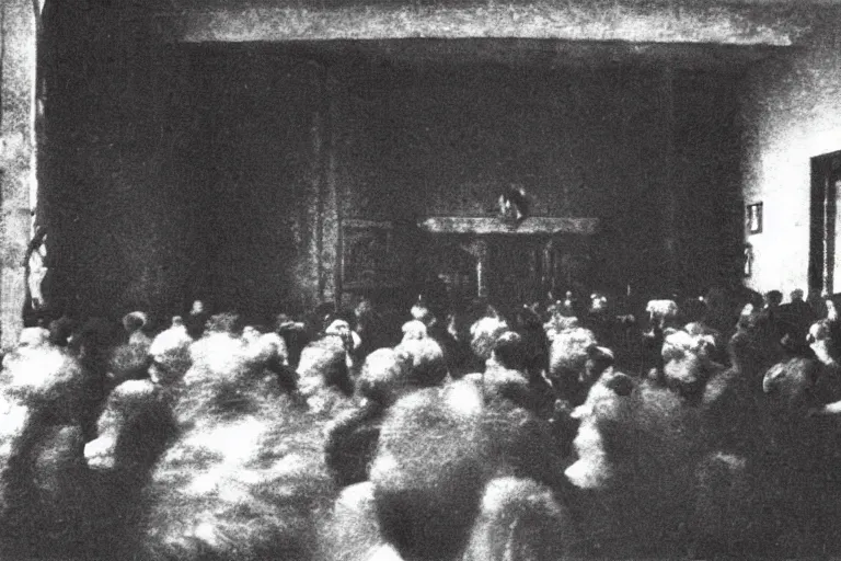 Image similar to photo of a room of people staring at a live demon, the vibe is eerie, the image is low quality and in color, it was found on the deep web.