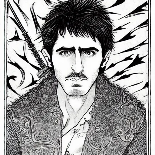 Image similar to pen and ink!!!! attractive 22 year old Frank Zappa x Daniel Radcliff golden Vagabond magic swordsman glides through a beautiful battlefield magic the gathering dramatic esoteric!!!!!! pen and ink!!!!! illustrated in high detail!!!!!!!! by Hiroya Oku!!!!! Written by Wes Anderson graphic novel published on shonen jump 2002 award winning!!!!