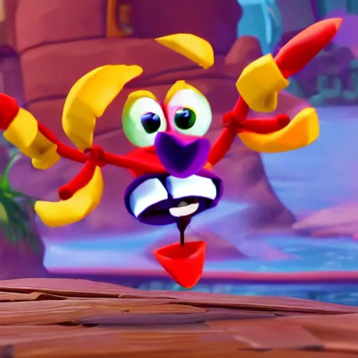 Image similar to screenshot of a cute wacky humanoid crab enemy with a coat in crash bandicoot video game, crash bandicoot 4, playstation 1 era graphics, activision blizzard style, 4 k upscaled graphics