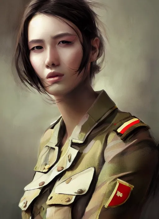 Prompt: female soldier portrait painting by WLOP, game, expensive dress, highly detailed, harper's bazaar, vogue, magazine, fashion, concept art, ornate, luxury, elite, elegant, trending on artstation ,