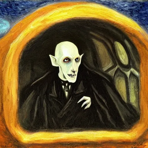 Image similar to Nosferatu in an igloo painting an impressionist self-portrait