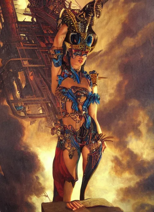 Image similar to dynamic pose! symmetry! closeup portrait of a biblical diabolical pirate female pharaoh, stylish cyborg armor, on a pirate ship, in clouds, strong studio lights, thunder, storm, sunset, by gerald brom, by mikhail vrubel, by peter elson, high contrast, muted colors, extreme detail, mirrors, trending on artstation, 8 k