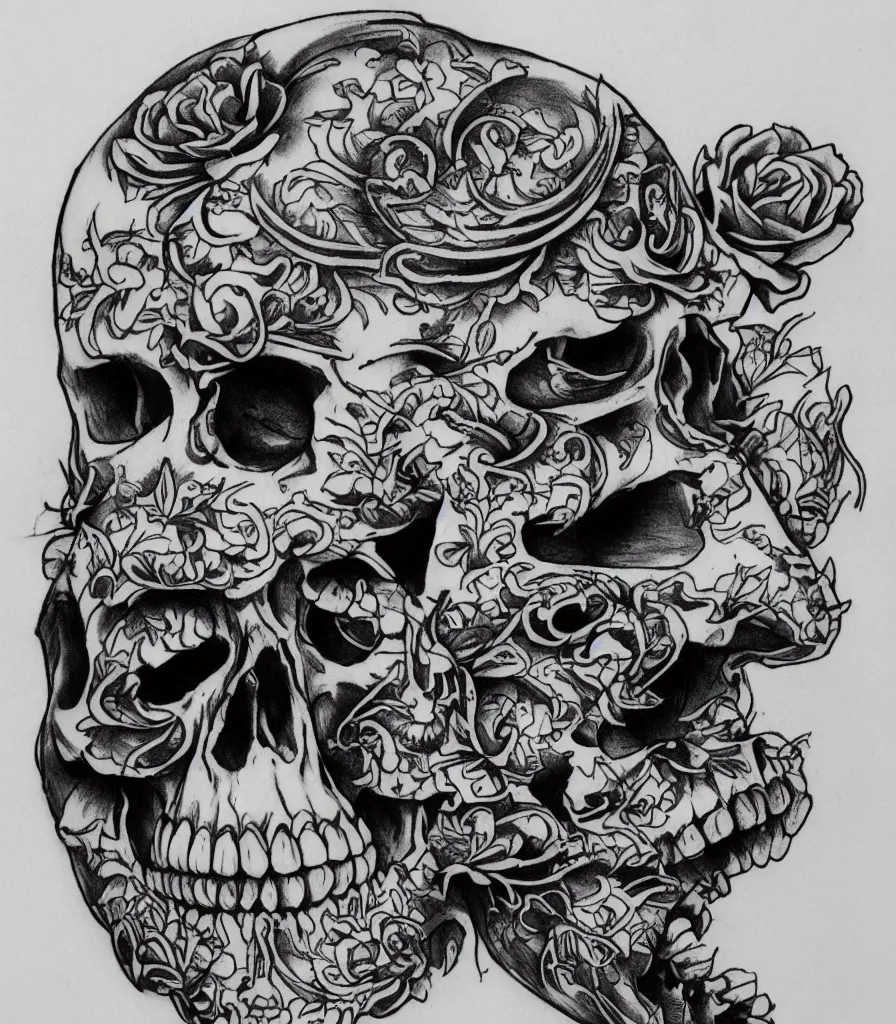 Image similar to highly detailed skull, Japanese ornament, tattoo ink sketch, isolated on white background