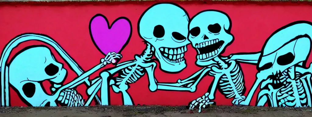 Prompt: ska skeleton and girlfriend, graffiti art, 80s checkerboard 666, digital art, chalk, ultra detailed by Tara McPherson and Gary Houston