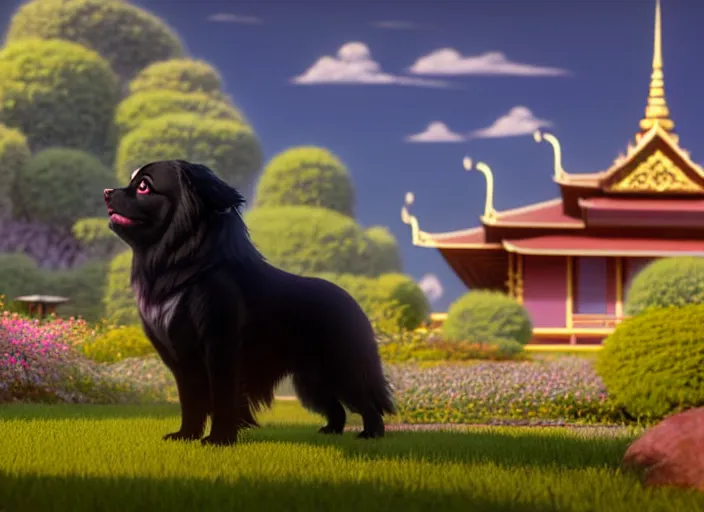 Image similar to a wholesome animation key shot of a black tibetan spaniel, thai temple in the background, studio ghibli, pixar and disney animation, sharp, rendered in unreal engine 5, anime key art by greg rutkowski, bloom, dramatic lighting